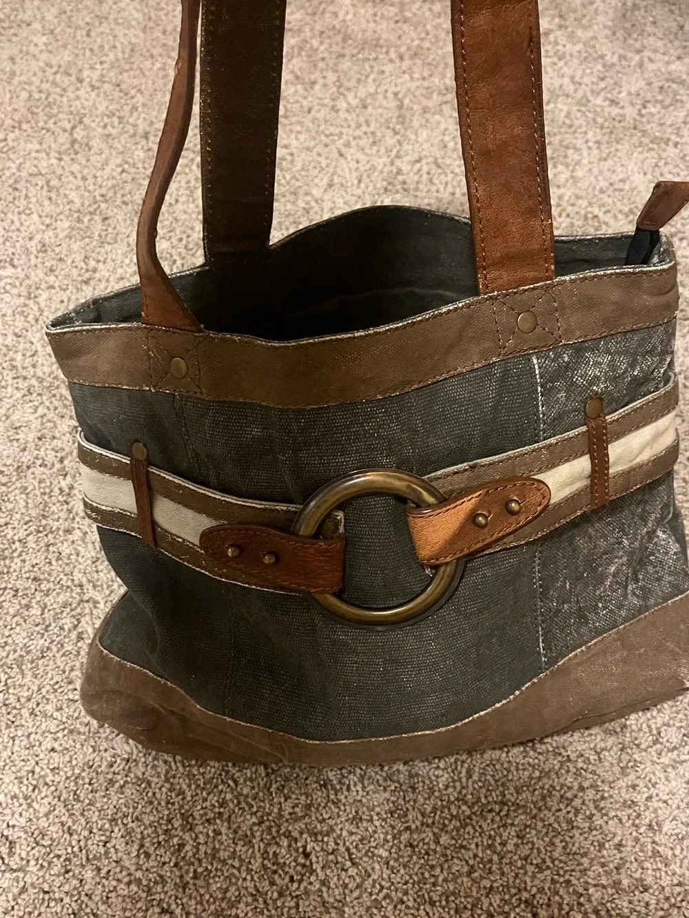 Canvas and Leather Tote Bag in Brown and Olive with Decorative Ring